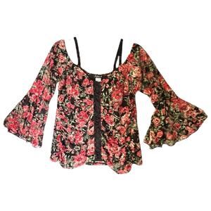 Venus Womens Vamp Lace Off Shoulder Top Sz L Mesh Ruched Bell Sleeve Whimsy Y2K‎